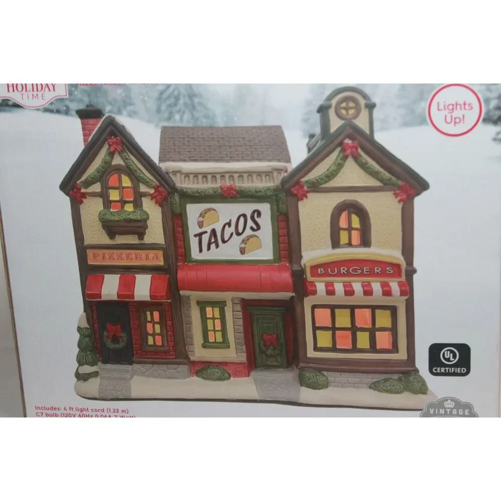 Holiday Time Tacos, Pizza, Burger Restaurant Lighted Christmas Village Building